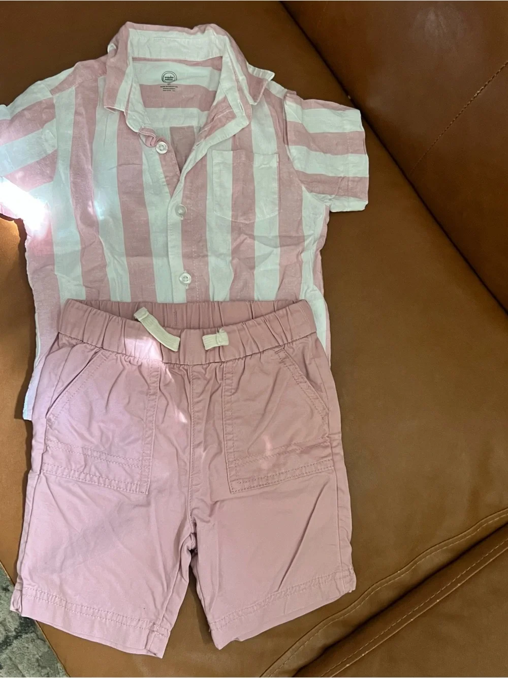 Wonder Nation Boy's Short Sleeve 2 Piece Set pink white striped linen-blend 3T